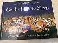 Front cover of 'Go the F**k to Sleep' hardcover book showing child and tiger illustration