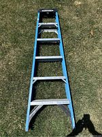 Top-down view showing silver metal steps and blue fiberglass frame of ladder lying flat on grass.