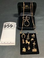 Overall view of black box interior showing serpentine chain draped and charms on two velvet pads