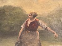 Close-up photo showing the painted woman in a red bodice and white apron carrying a pail, highlighting the oil texture and color tones.