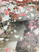 Close-up detail of lithograph featuring red swirls and abstract profiles in mixed colors.