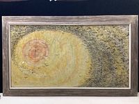 Frontal view of the framed artwork depicting a yellow swirling sun and migrating birds.