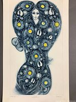 Tall unframed etching proof depicting a stylized female figure composed of swirling floral forms and yellow circular highlights.