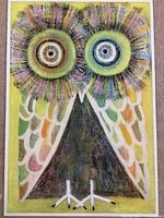 Full artwork close-up showing the owl with multi-colored radiating eyes and triangular body in watercolor and cray-pas.