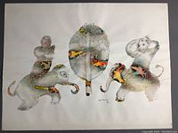 Full view of watercolor painting by Sakti Burman showing central abstract tree and flanking figures on elephants