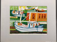 Color serigraph print of boats and ferry with figures against geometric background, signed and editioned below image.