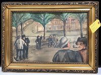 Full view of framed watercolor painting depicting urban figures in a park setting under trees by Theobold Rasmussen, 1936