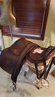 Brown English saddle mounted on stand showing attached girth and stirrups