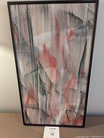 Framed original abstract painting titled "Machine Age" by Andrew Plum showing textured layered brush strokes in muted gray, black, white and red-orange accents