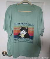 Front view of light green oversized T-shirt hanging on hanger showing full graphic and caption