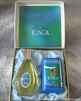 View inside original box showing Tosca eau de cologne bottle and soap bar in packaging.