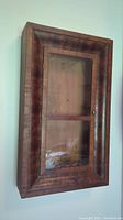 Front view of antique mahogany wood cabinet with glass door, showing rectangular shape and external frame detail