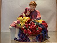 Front view of Royal Doulton Flower Seller's Children figurine showing two children and flower basket in vibrant colors.