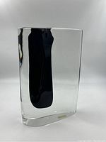 Front view showing clear glass body with single black internal ribbon