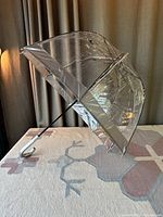 Full view of the transparent bubble umbrella opened on a table, showing the dome shape and white curved handle.