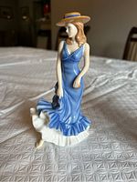 Front view of Royal Doulton figurine showing woman in blue dress and tan hat with blue ribbon.
