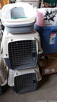 Stack of two Essentials pet carriers with metal wire doors, white and gray plastic.
