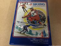 Front of the sealed Intellivision Skiing game box showing skiing artwork and game details.