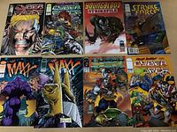 Photo shows eight high grade comics laid out flat showing cover art including Cyber Force, Youngblood Strikefile, Stryke Force, and Maxx titles.
