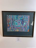 Framed colorful abstract art of vase on table by Carole Walker, showing full artwork with black matte and frame, size approximately 16x14 inches.