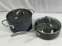 4.5 quart covered pot and 2.5 quart saucepan with lids set on white surface