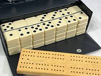 Domino pieces stacked inside a black vinyl carrying case with wooden cribbage board in front showing the peg holes.