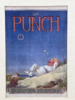 Close-up photo of the 1923 Punch magazine cover 'Summer Number' showing detailed illustration of a man reclining on sand dunes with a dog and butterflies under a blue sky.
