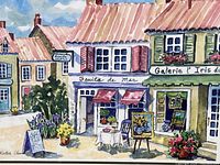 Close-up photo of the colorful print depicting a French seafood café and gallery scene with visible artist signature 'Winterle Olson' on bottom left.