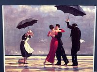 Close up of the framed print image showing the couple dancing with a maid and butler holding umbrellas in a stormy setting.