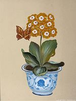 Close-up of painting showing yellow auricula flower, butterfly, green leaves, and blue-and-white flower pot on beige background.