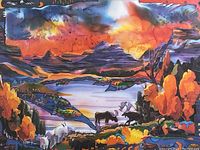 Close-up of the lithograph showing colorful wildlife scene with mountains, glacier lake, and autumn trees under an intense sky.
