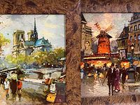 Two framed Antoine Blanchard prints side by side, showing Notre Dame de Paris and Le Moulin Rouge city scenes in burlwood Aaron Bros frames.