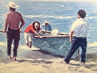 Close-up of the print showing fishermen and the artist's signature 'Diane Lietz'