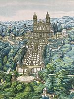 Close-up photo of the vintage colored print showing the church building, staircases, fountains, and surrounding landscape details.