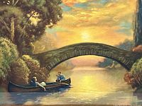 Close-up of the couple in the canoe under the stone arch bridge with detailed view of the print's colors and texture