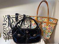 Three designer bags displayed: the beige Dooney & Bourke tote with logo print, multicolor Kate Spade tote with leather handles, and black patent leather Car Shoe bag.
