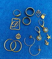 Full assortment of rings, earrings and charms laid out on blue background