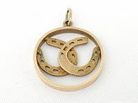 Top-down view of yellow gold pendant on white background