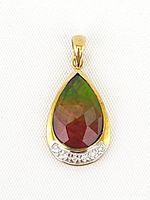 Front view of teardrop pendant showing multicolored faceted ammolite and diamond crescent