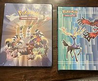 Two Pokemon Trading Card Game binders shown closed on a surface, featuring colorful Pokemon artwork on the covers, one with Regigigas and Eeveelutions, the other with Xerneas and Yveltal.