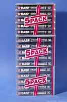 Stack of three shrink-wrapped 5-pack BASF audio cassette tape packages showing brand and 90 minute chrome standard II labeling