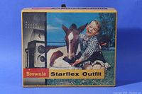Original box for the Kodak Brownie Starflex Outfit featuring a boy and horse image and product branding on the box cover.