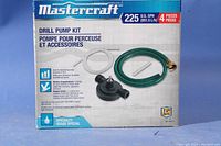 Box of Mastercraft drill pump kit showing product name, capacity, and included parts.