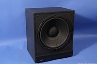 Front view of black wooden enclosure Sony subwoofer showing 12 inch speaker cone.