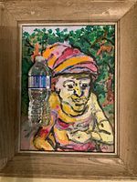 Frontal view of the MCM original oil on board painting showing a colorful portrait in a rustic wooden frame with a water bottle for size reference.