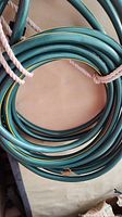 Coiled green garden hose with yellow stripe laid on a beige surface, tied with a pink rope.