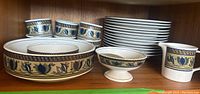 Shelf displaying 4 small matching cups or bowls, a large serving bowl, and stacked saucer plates all with blue and brown floral decorative band.