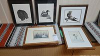 Five framed prints arranged side by side showing indigenous wildlife including a bear, loon, crane, and swans in varied styled frames.
