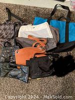 Wide view photo showing all purses included in the lot, displaying a variety of colors and styles.