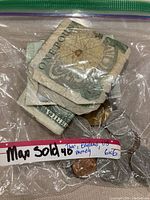 Plastic bag with folded paper money including a worn British one pound note and US bills, along with some coins